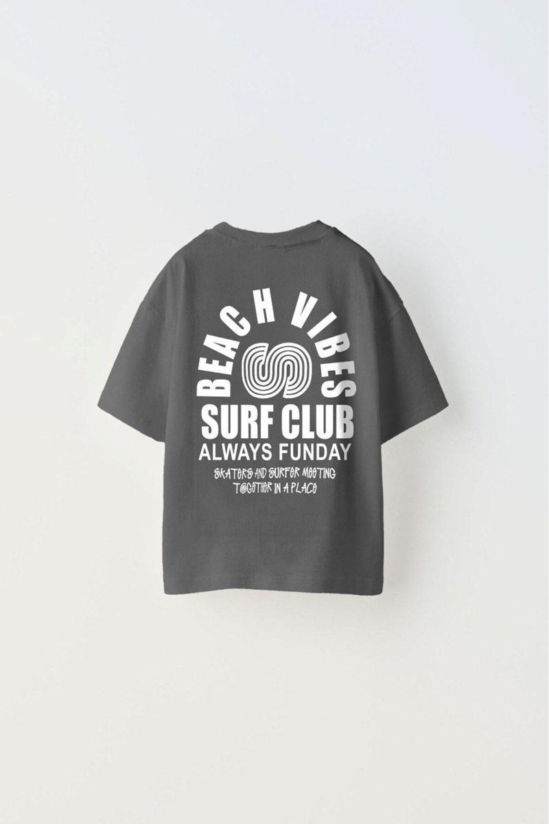 Beach Vıbes Surf Club Yazılı Ters S Tasarım Baskılı Füme Unisex Çocuk T-Shirt