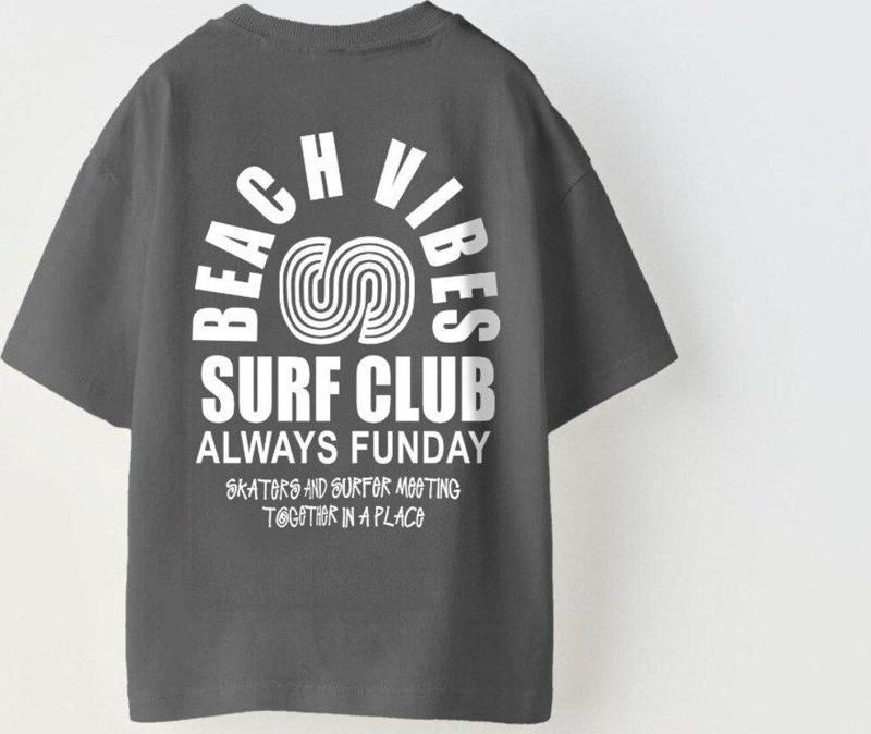 Beach Vıbes Surf Club Yazılı Ters S Tasarım Baskılı Füme Unisex Çocuk T-Shirt