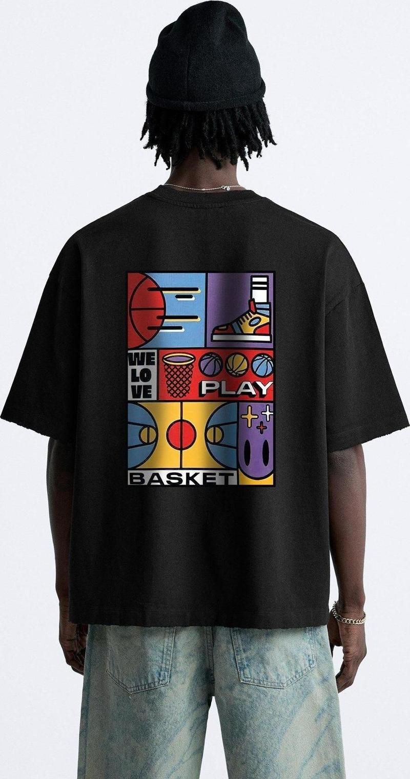 We Love Play Basket Yazılı  Basket Tasarım Baskılı Oversize Siyah Erkek T-Shirt