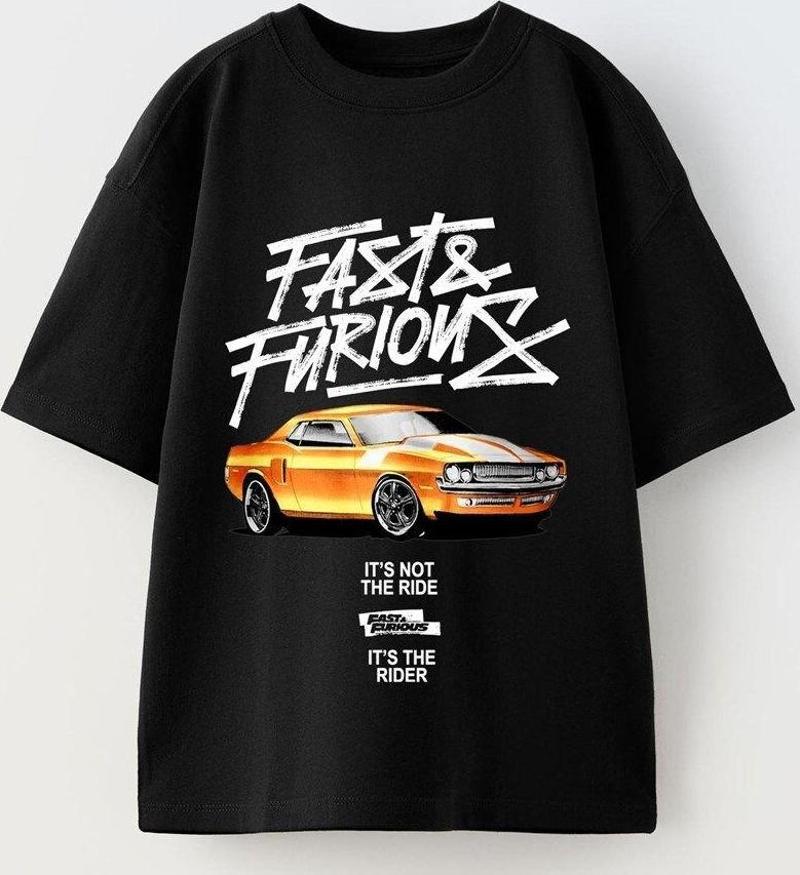 Fast Furious Yazılı Araba Baskılı Siyah Çocuk T-Shirt