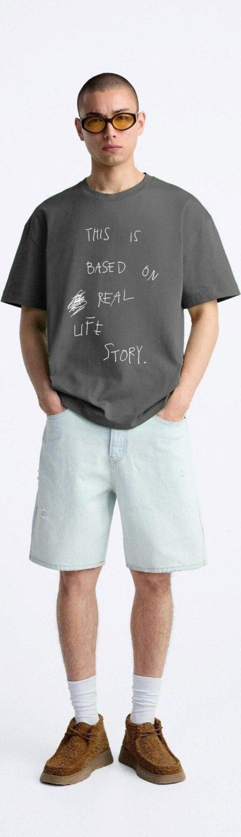 Bisiklet Yaka This Is Based On Real Life Story Baskılı Oversize Füme Erkek T-Shirt