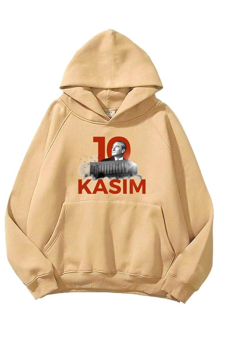 Kapüşonlu Içi Polar Kemal Atatürk 10 Kasım Baskılı Bej Unisex Hoodie Sweatshirt