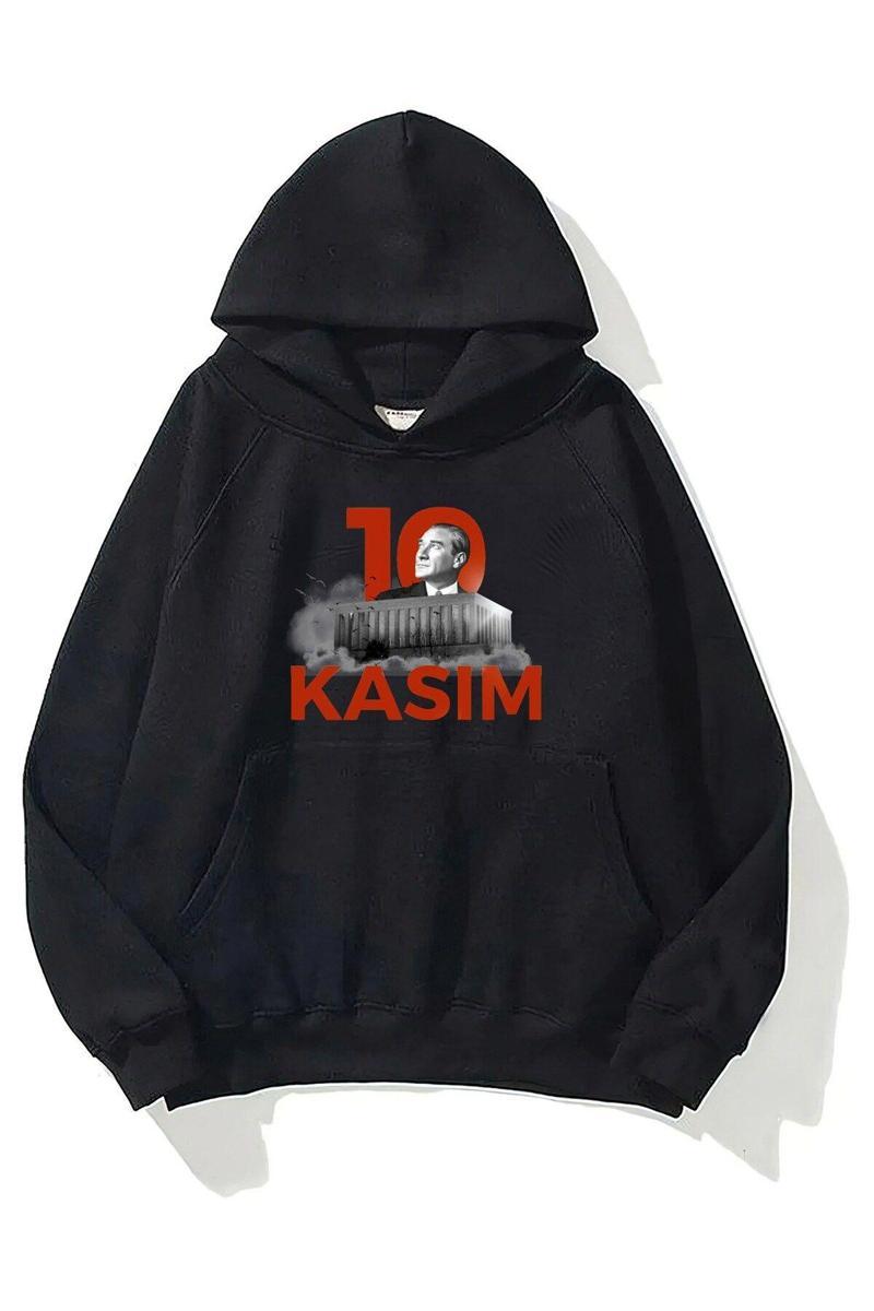 Kapüşonlu Içi Polar Kemal Atatürk 10 Kasım Baskılı Siyah Unisex Sweatshirt