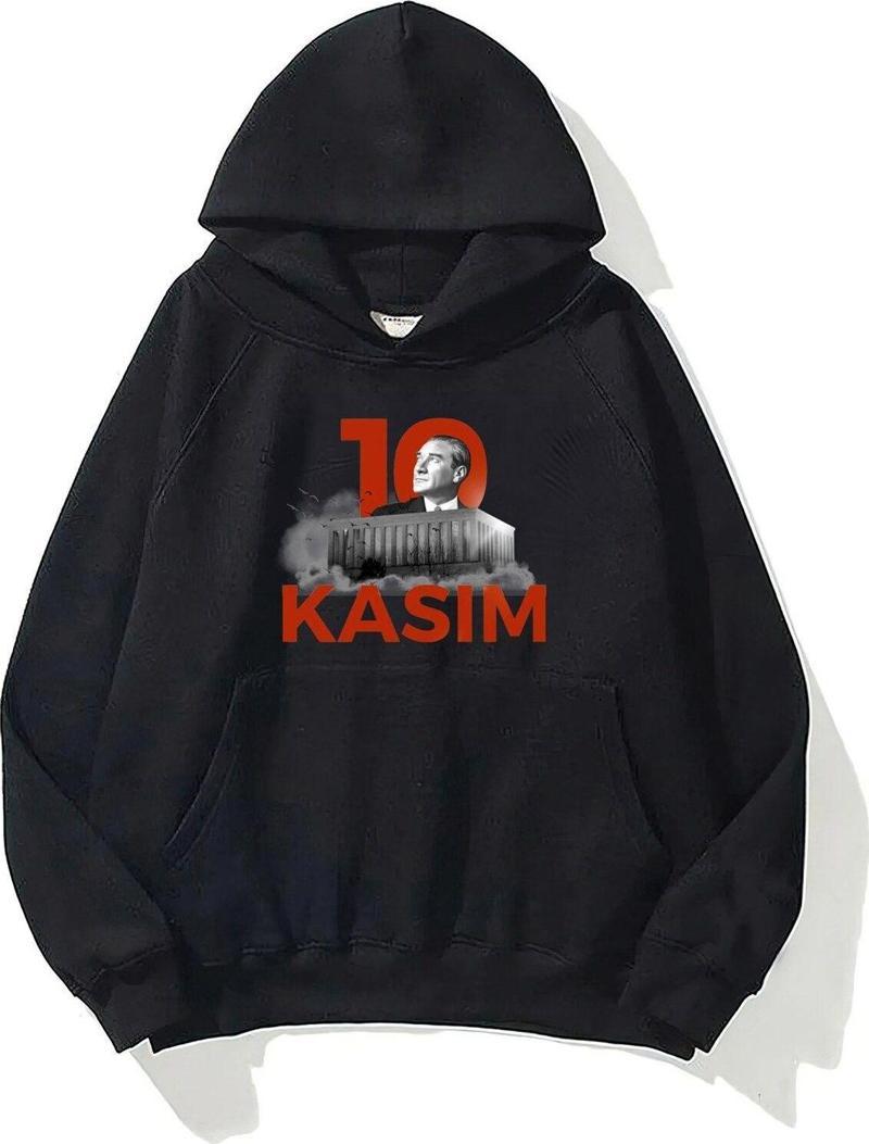 Kapüşonlu Içi Polar Kemal Atatürk 10 Kasım Baskılı Siyah Unisex Sweatshirt