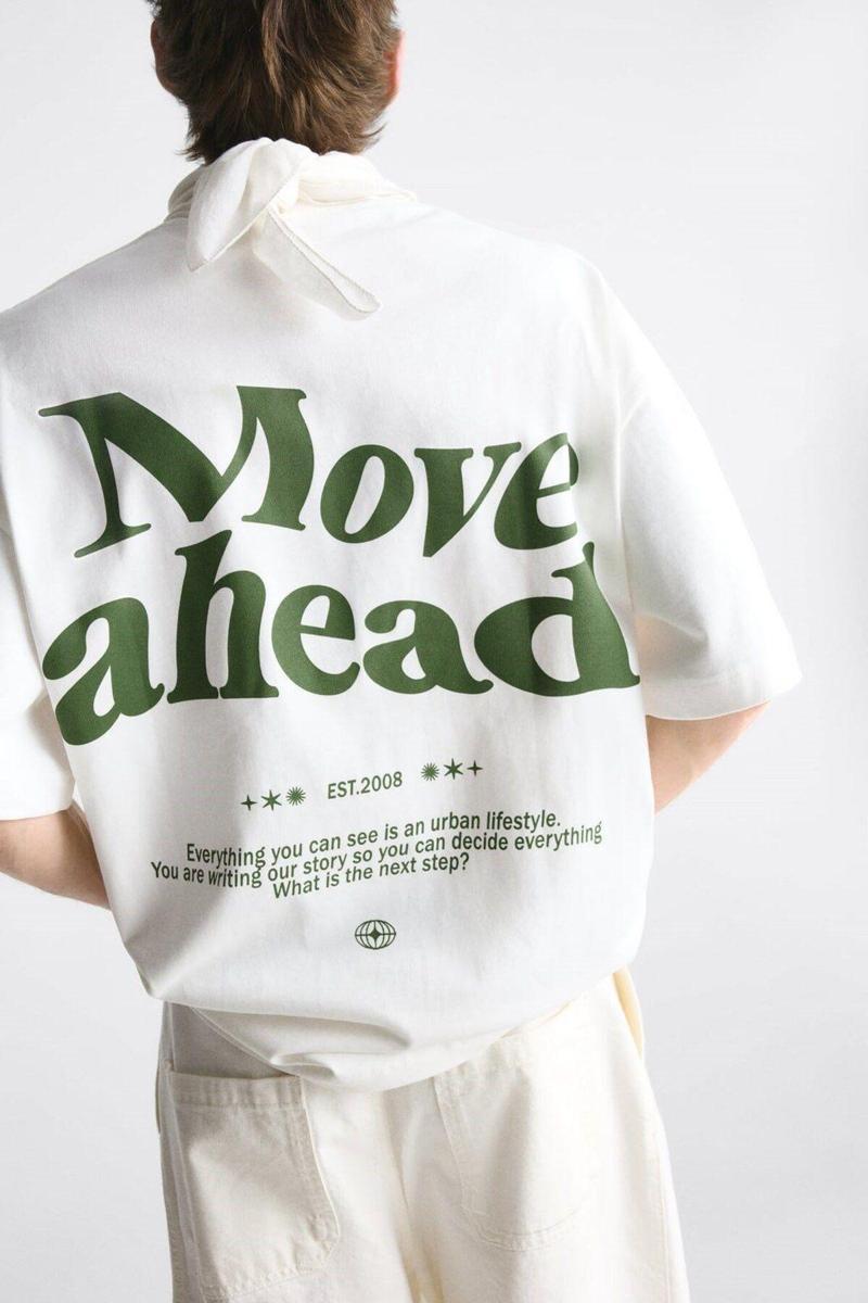 Beyaz Move Ahead Baskılı Bisiklet Yaka Oversize Erkek T-Shirt