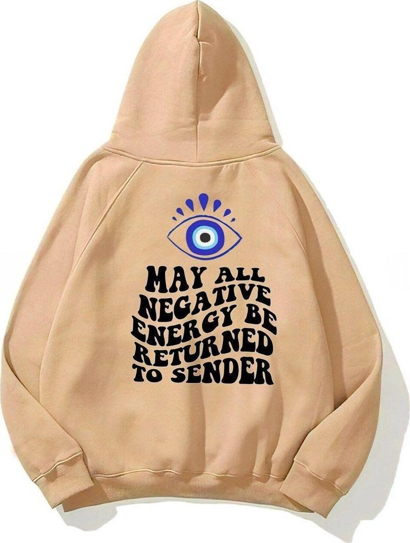Kapüşonlu Içi Polar Kirpikli Nazar Boncuğu Baskılı Bej Unisex Sweatshirt
