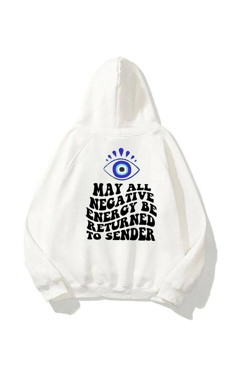 Kapüşonlu Içi Polar Kirpikli Nazar Boncuğu Baskılı Beyaz Unisex Sweatshirt