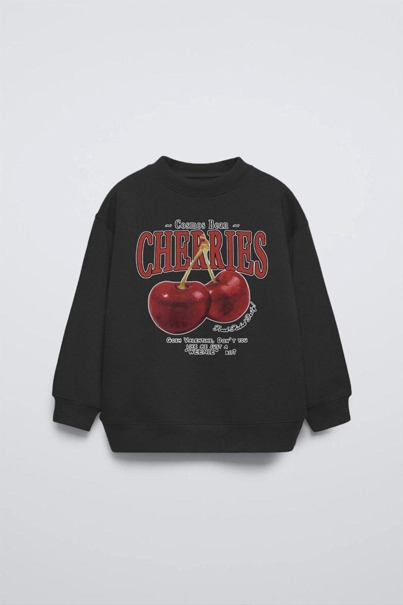 Siyah Çocuk Cherries Baskılı Bisiklet Yaka Basic Sweatshirt