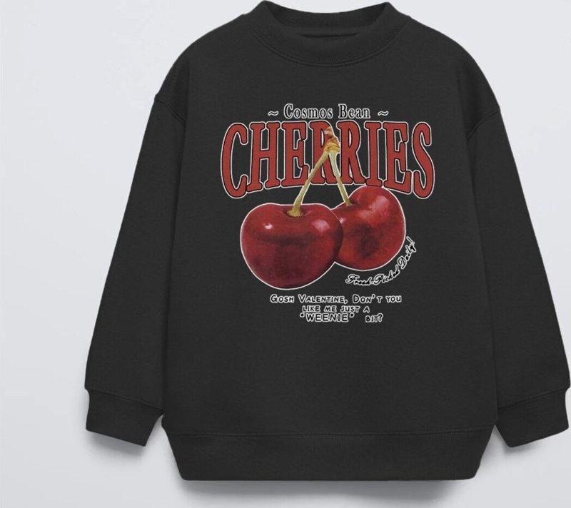 Siyah Çocuk Cherries Baskılı Bisiklet Yaka Basic Sweatshirt