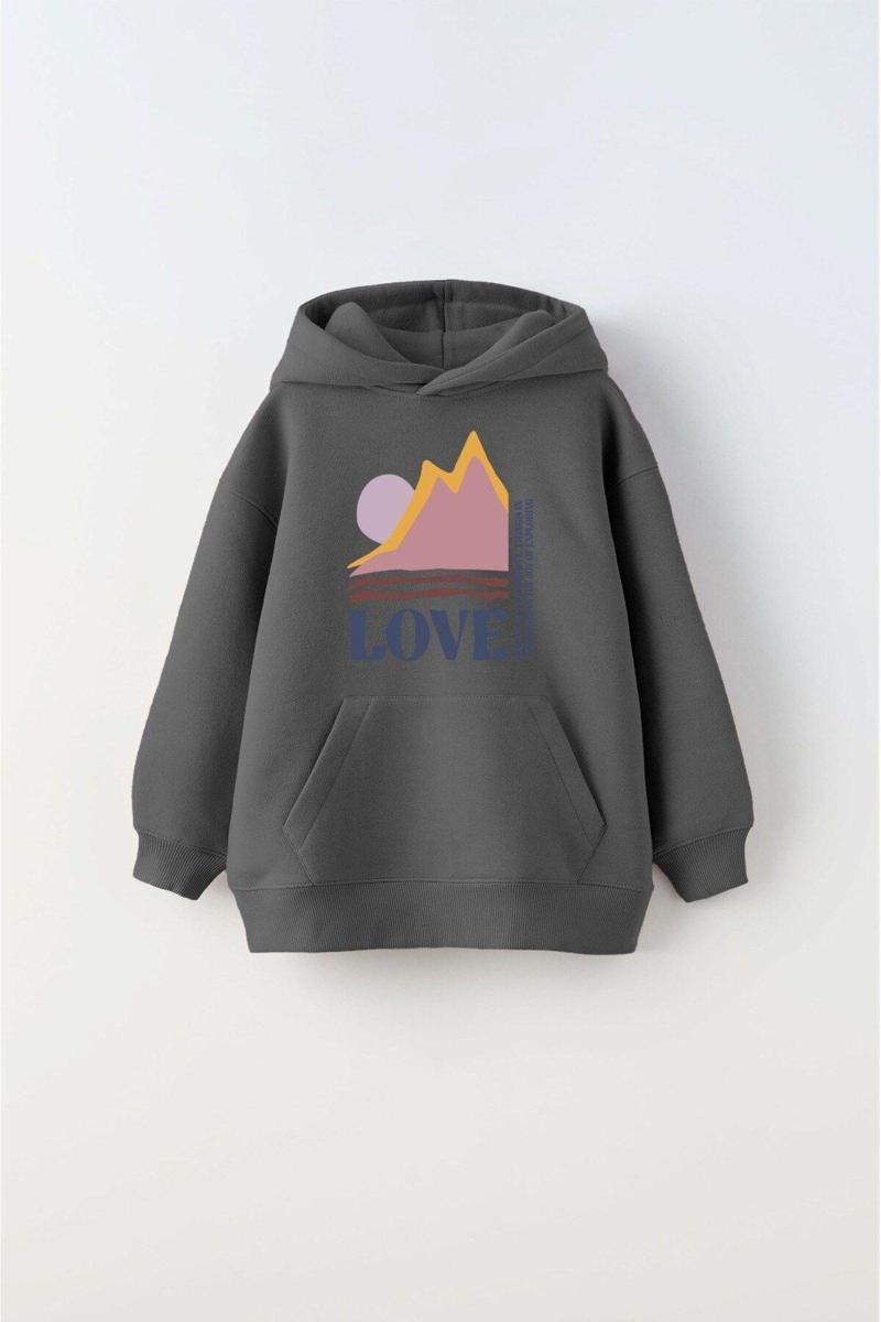 Kapüşonlu İçi Polar Love Yazı Baskılı Füme Unisex Çocuk Hoodie Sweatshirt