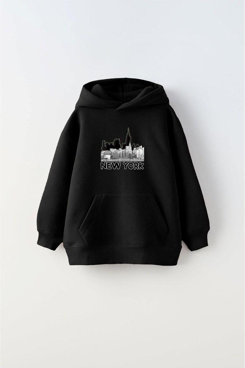 Kapüşonlu İçi Polar New York Yazı Baskılı Siyah Unisex Çocuk Hoodie Sweatshirt