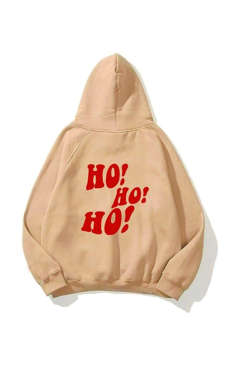 Kapüşonlu Içi Polar Ho! Ho! Ho! Christmas Yazı Baskılı Bej Unisex Sweatshirt