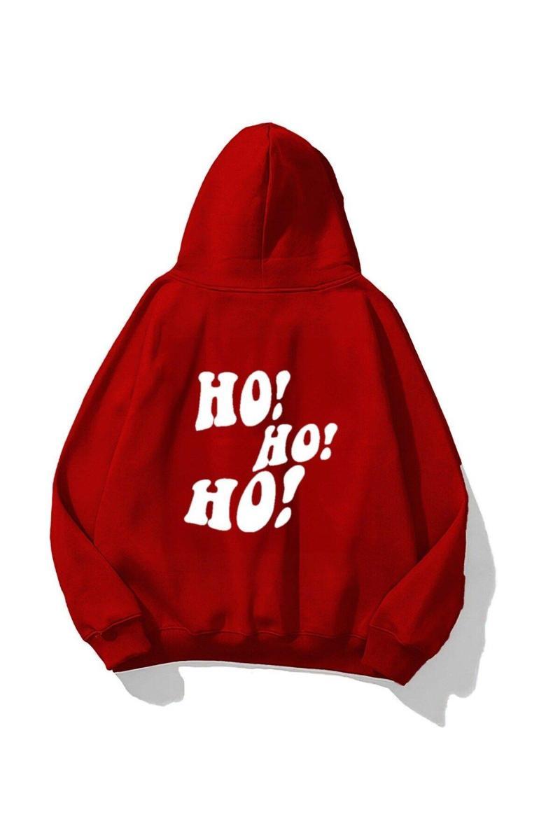 Kapüşonlu Içi Polar Ho! Ho! Ho! Christmas Yazı Baskılı Kırmızı Unisex Sweatshirt