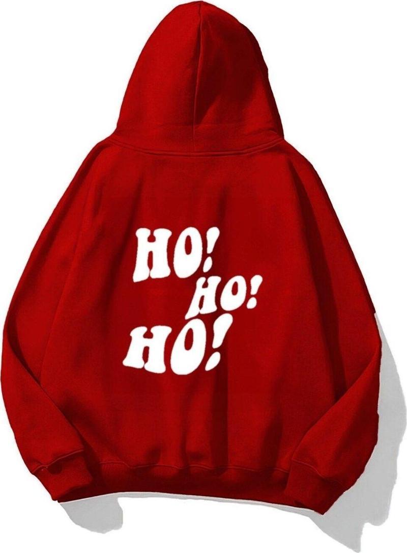 Kapüşonlu Içi Polar Ho! Ho! Ho! Christmas Yazı Baskılı Kırmızı Unisex Sweatshirt