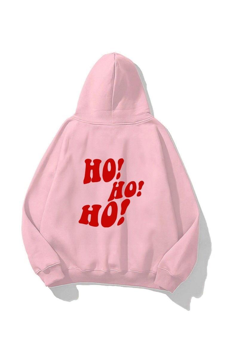 Kapüşonlu Içi Polar Ho! Ho! Ho! Christmas Yazı Baskılı Pembe Unisex Sweatshirt