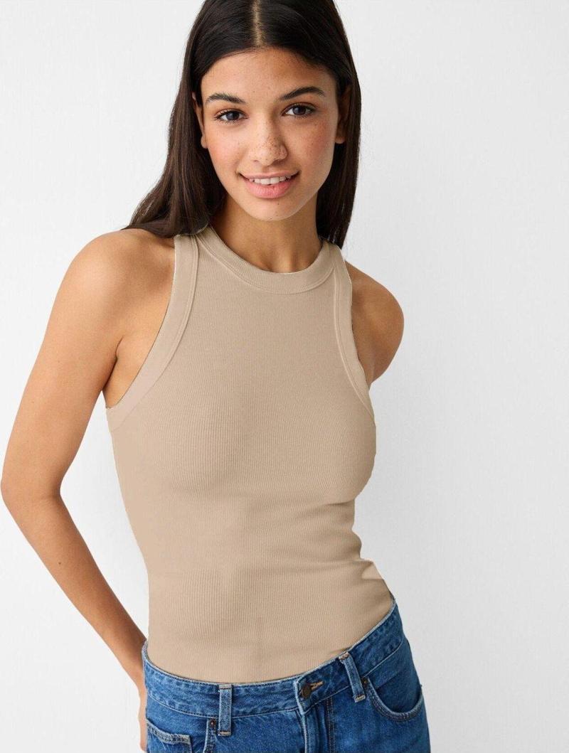 Halter Yaka Fitilli Camel Kadın Atlet