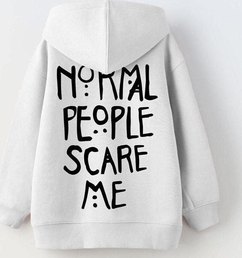 Kapüşonlu Içi Polar Normal People Scare Me Baskılı Beyaz Unisex Çocuk Hoodie Sweatshirt