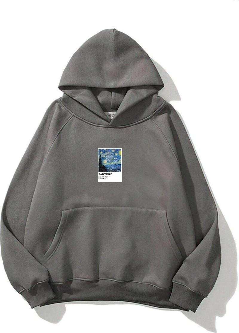Kapüşonlu Içi Polar Starry Night Baskılı Füme Unisex Oversize Hoodie Sweatshirt