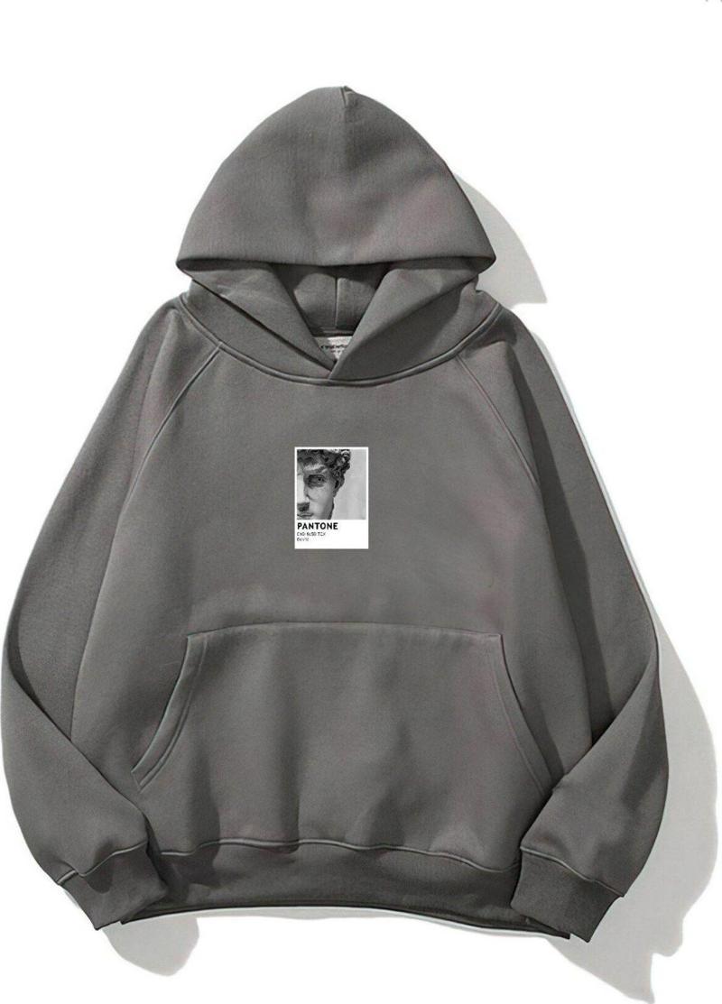 Kapüşonlu Içi Polar Sunflowers Baskılı Füme Unisex Oversize Hoodie Sweatshirt