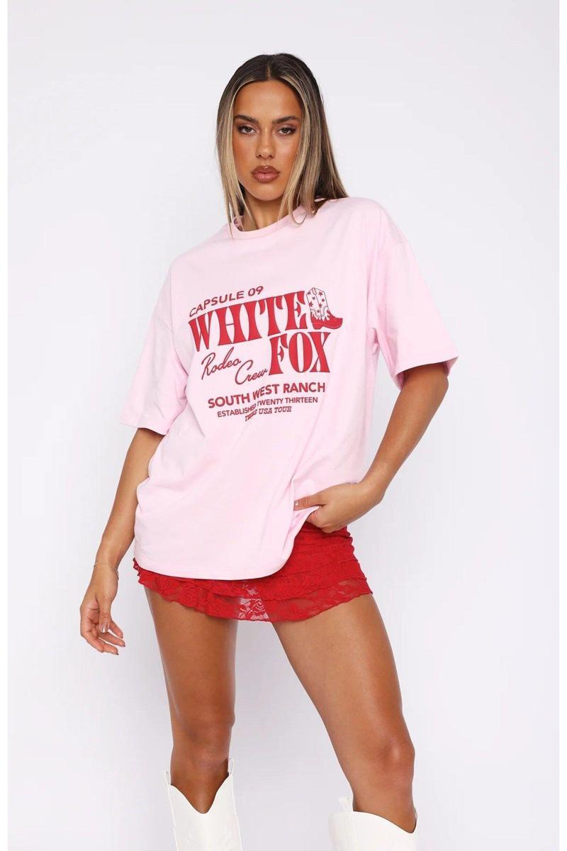 White Fox Pembe Kadın Capsule 09 Rodeo Crew Yazılı Bisiklet Yaka T-Shirt