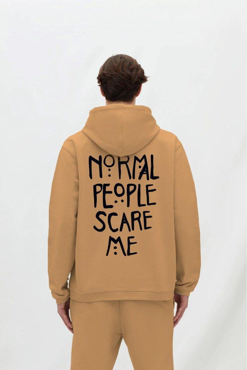 Kapüşonlu İçi Polar Normal People Scare Me Baskılı Bej Unisex Hoodie Sweatshirt