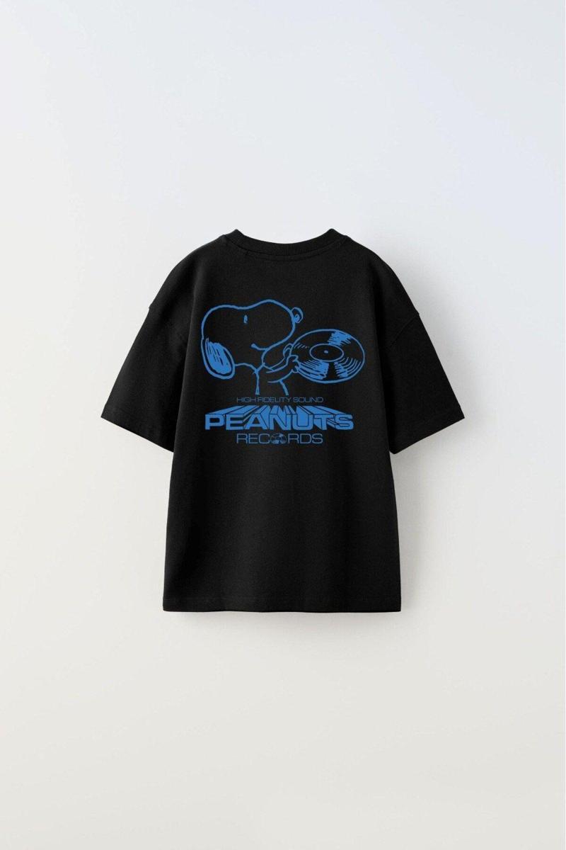 Peanuts Records Baskılı Siyah Kız Çocuk T-Shirt