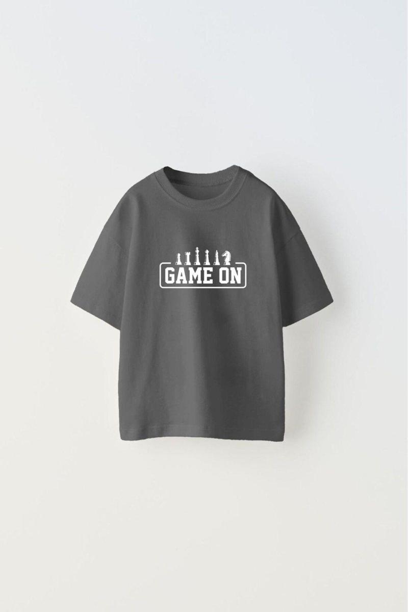 Game On Yazılı Satranç Tasarım Baskılı Füme Çocuk T-Shirt