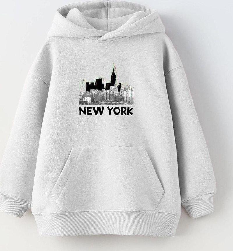 Kapüşonlu İçi Polar New York Yazı Baskılı Beyaz Unisex Çocuk Hoodie Sweatshirt