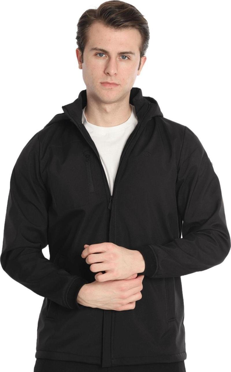 Erkek Siyah Çıkarılabilir Kapüşonlu File Astarlı 3 Cepli Su İtici Rüzgar Geçirmez Softshell Spor Mont 7090