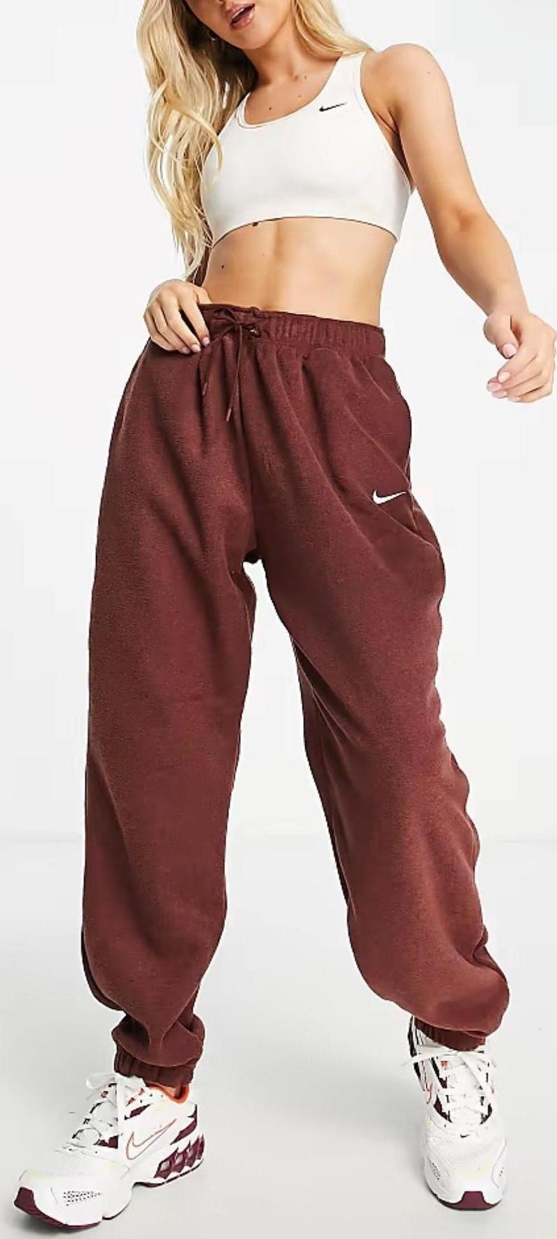 Plush High Rise Oversize Cuffed Fleece Sweatpants Kadın Geniş Kalıp Polar Eşofman Altı Bronz Kahve