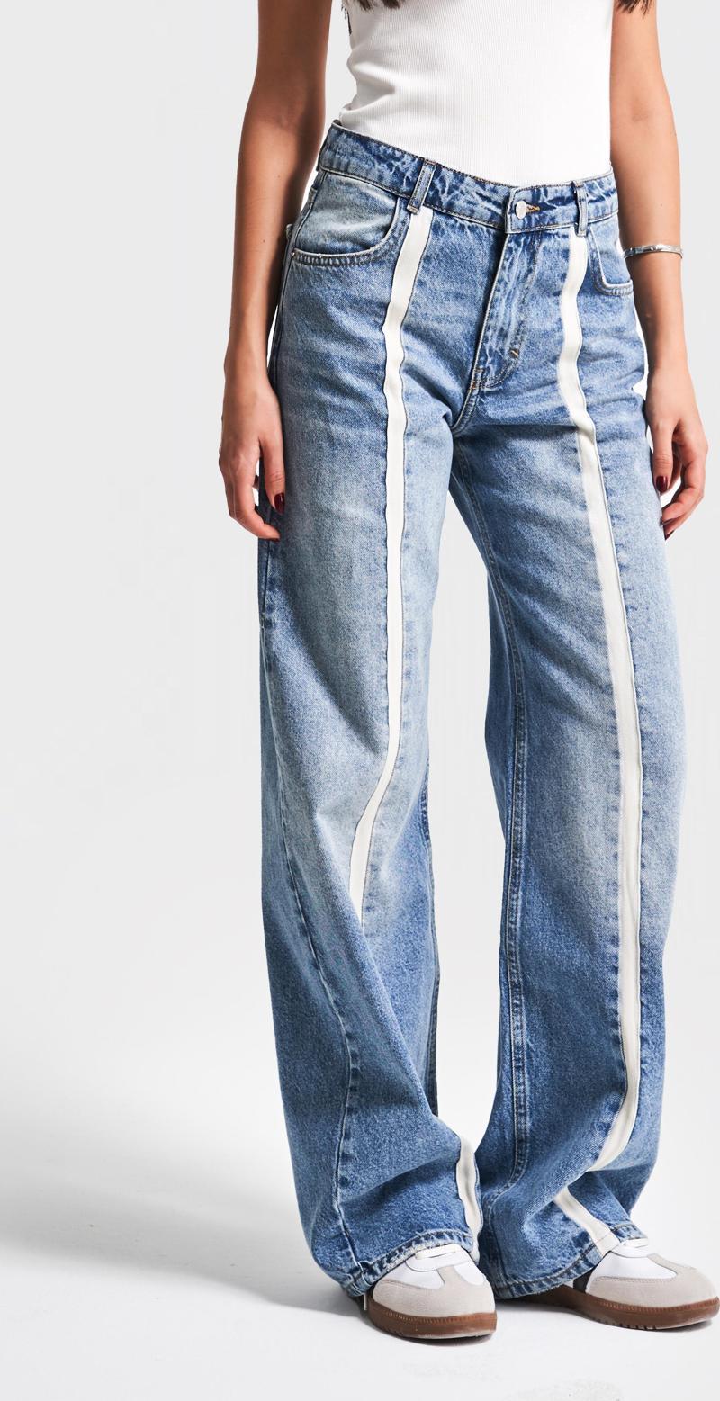 Kadın Kot Rengi 4S5-32 Wide Leg Önden Şeritli %100 Koton Tasarım Denim Jean