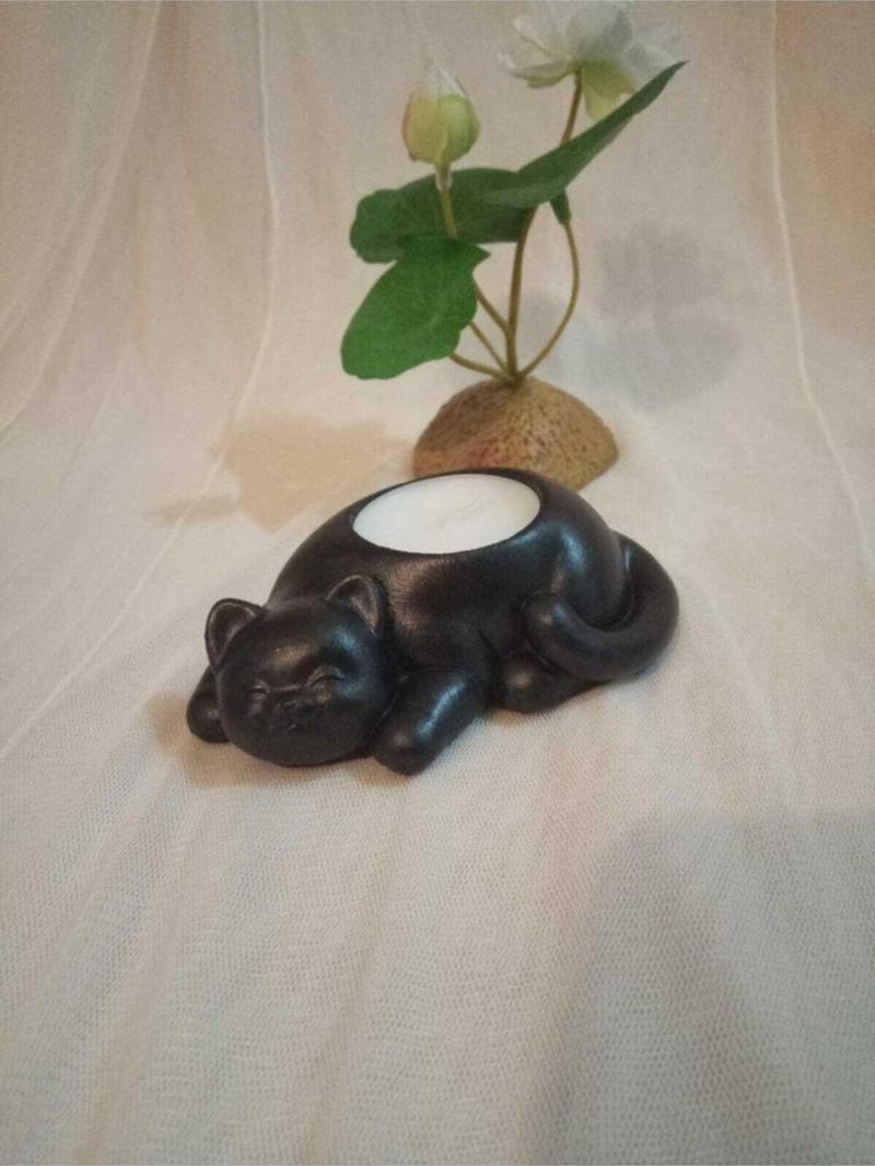 Kedi Tealight Mumluk - Mum Hediyeli - Metalik Siyah