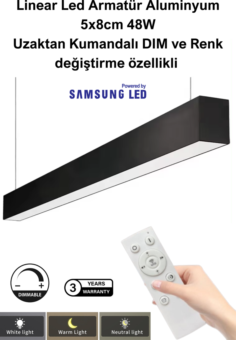 Kumandalı Renk Değiştirilebilir Ve Dim Edilebilir Led Sarkıt Linear Aydınlatma 100 Cm 5x8cm Aluminyum Gövde