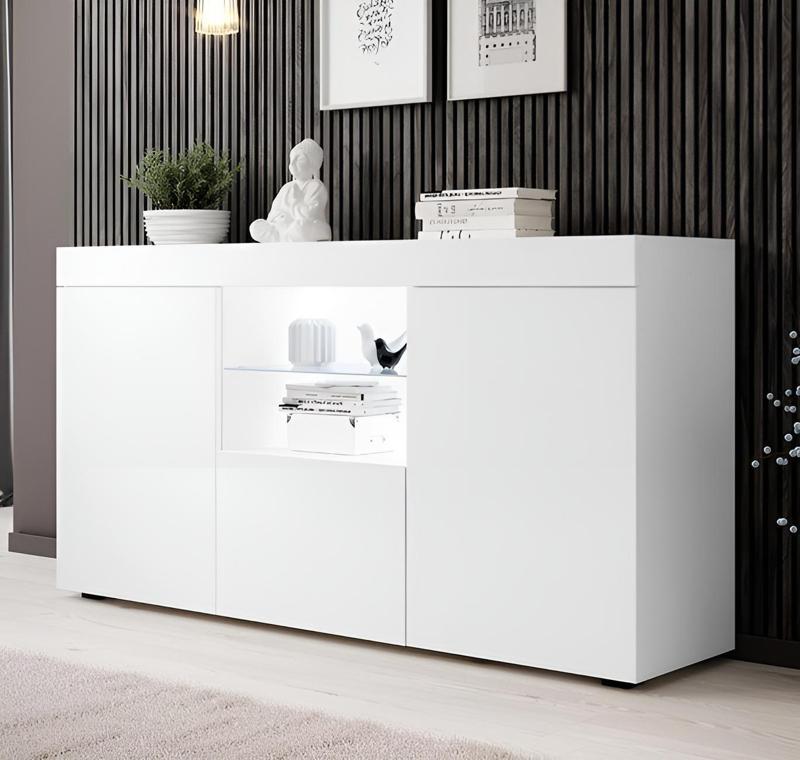 Konsol Led Aydınlatmalı Şık Büfe Katlanabilir Cam Raflı Modern Ve Zarif Konsol Beyaz Mat Elegant