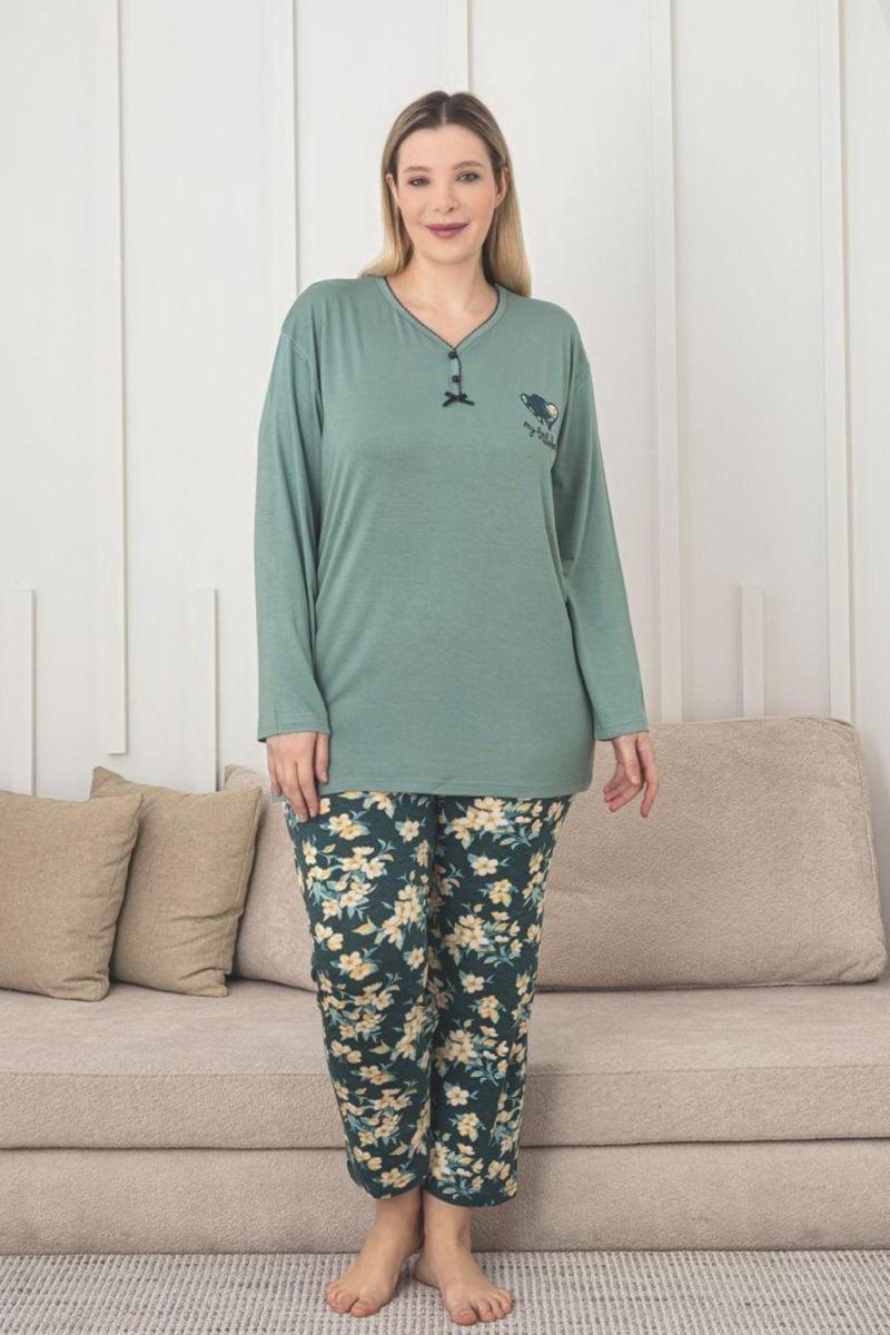 X-Dreamy Büyük Beden Viskon Desenli Uzun Kollu Pijama Takımı