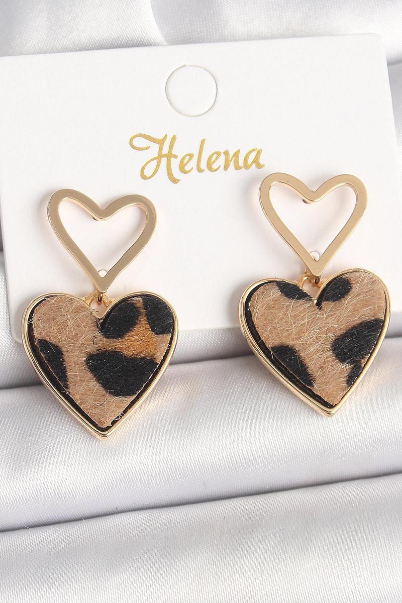 Pirinç Gold Renk Sallantı Leopar Kalp Model Kadın Küpe - EBJ250315W32079