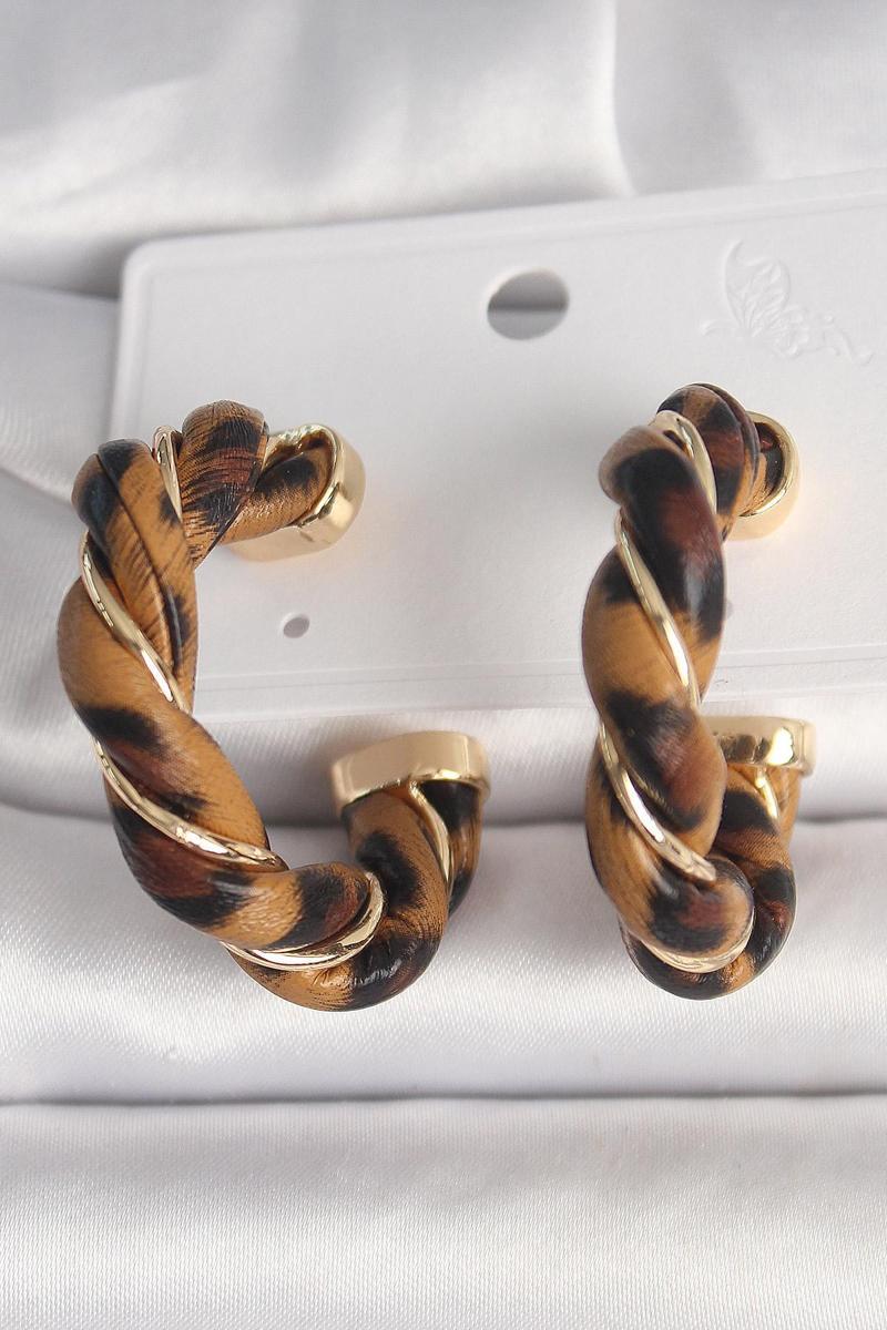 Pirinç Gold Renk Sarmal Halka Leopar Desen Model Kadın Küpe - EBJ250315W32067