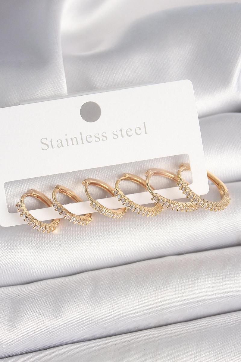 Pirinç Gold Renk Zirkon Taşlı 3 Çift Halka Model Kadın Küpe - EBJ250315W32059