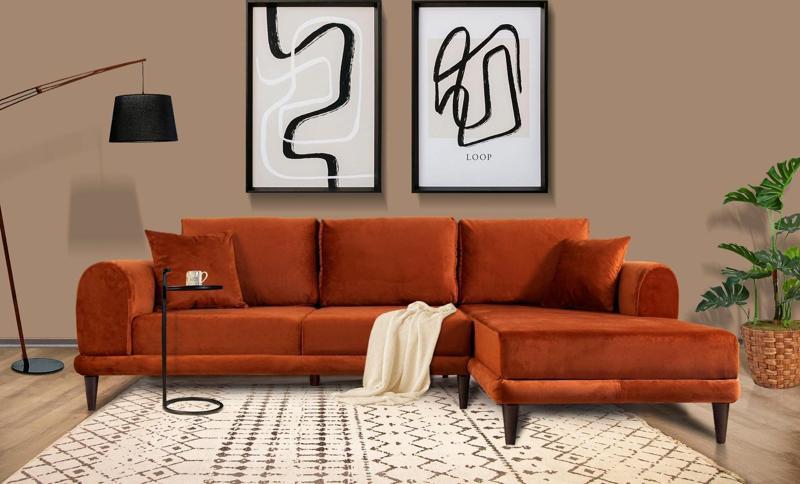 Nero Kadife Köşe Koltuk, Kiremit, 250X160, Sağ Köşe