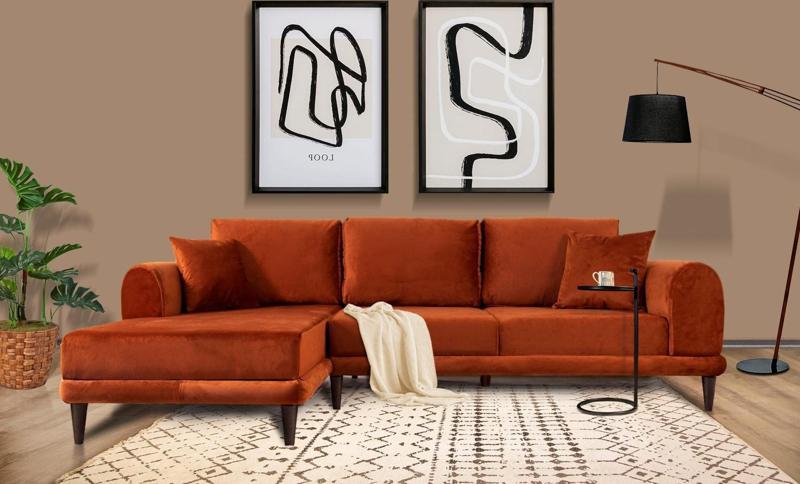 Nero Kadife Köşe Koltuk, Kiremit, 250X160, Sol Köşe