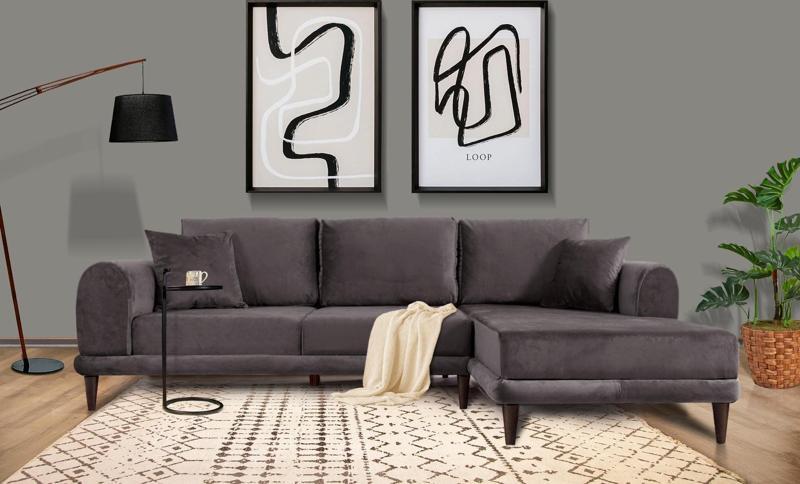 Nero Kadife Köşe Koltuk, Koyu Gri, 250X160, Sağ Köşe