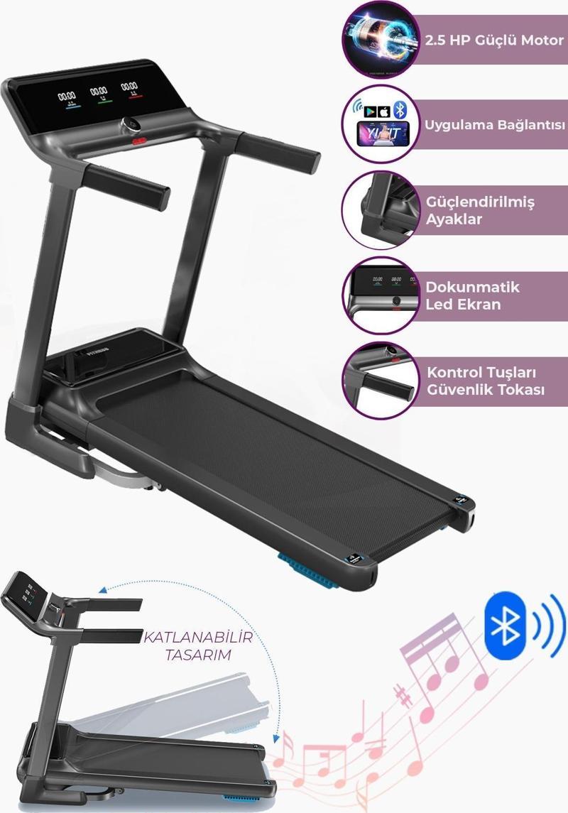 Premium 14 Km Hız Bluetoothlu Uygulama Bağlantılı Katlanabilir Yürüme Ve Koşu Bandı 2.5 Hp Motor