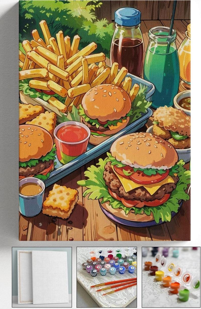 Sayılarla Boyama Çerçeveli Hobi Seti Numaralı Tuval Fırça Boya Dahil Kasnaklı Hamburger 40X50 Cm