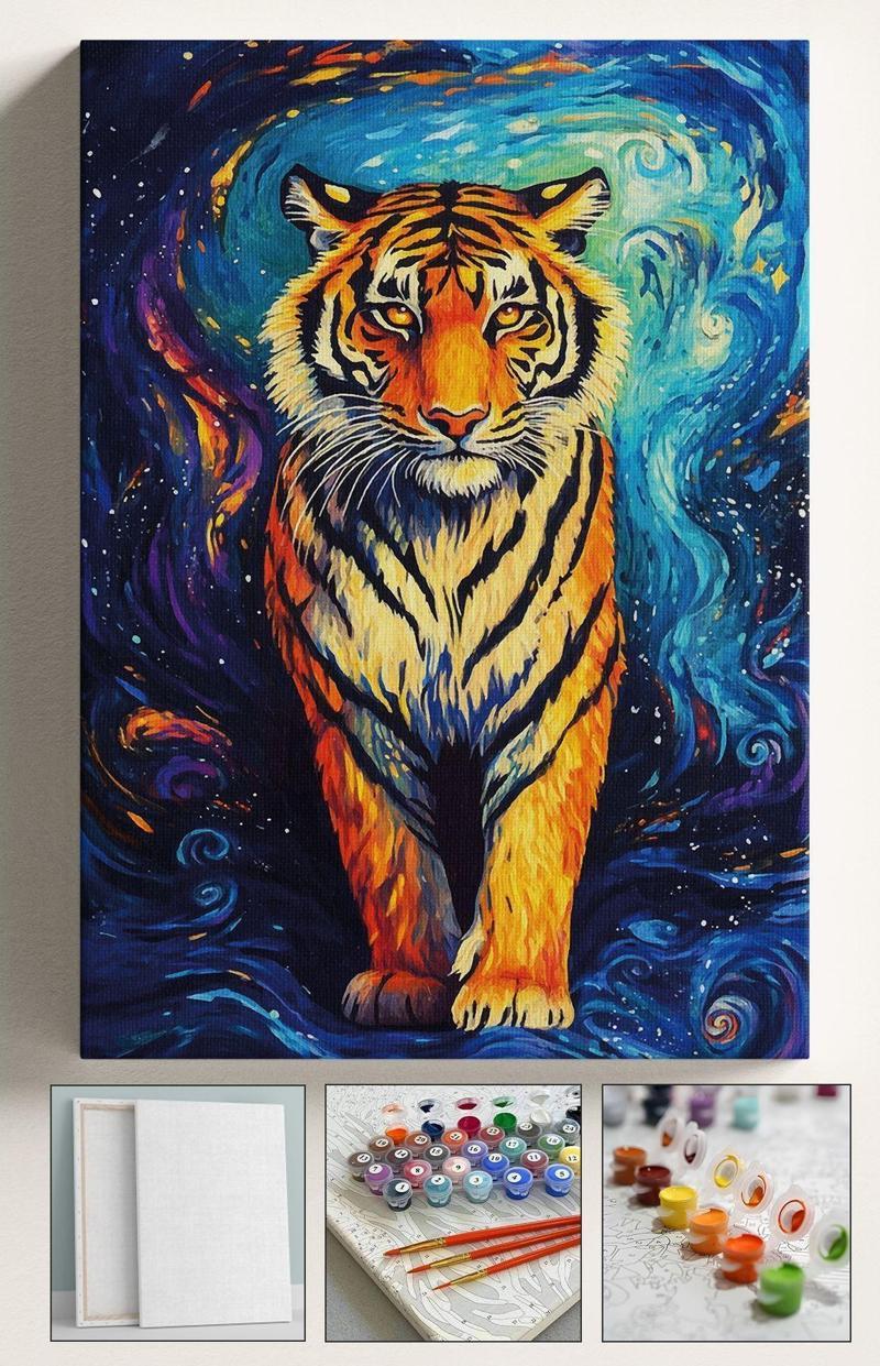 Sayılarla Boyama Tuval Seti Fırça Boya Dahil (Çıtalı) 40X50 Cm - Yıldızlı Gece Kaplan