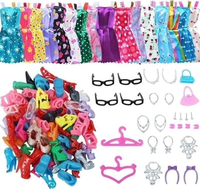 Barbie Bebekler Için 42 Parça Aksesuar Kıyafet Ayakkabı Çanta Askı Gözlük Seti