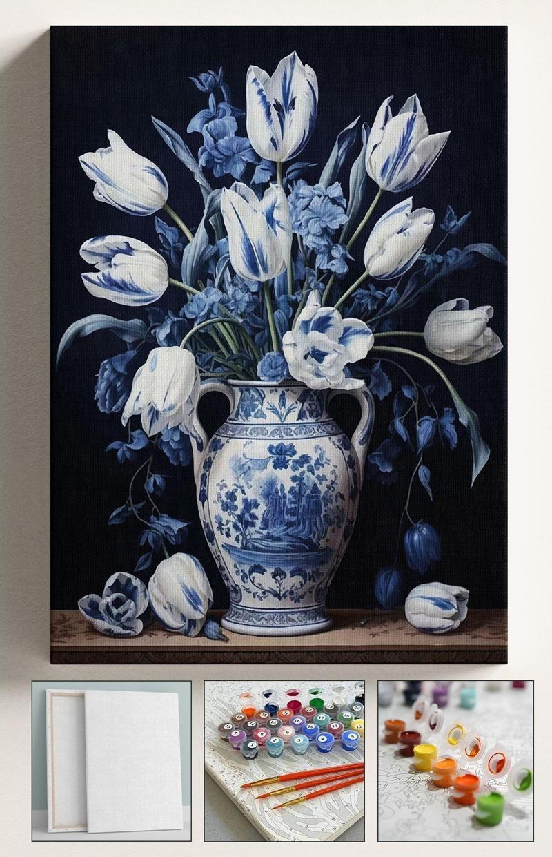 Sayılarla Boyama Çerçeveli Hobi Seti Numaralı Tuval Mavi Vazo Fırça Boya Dahil Kasnaklı 40X50 Cm