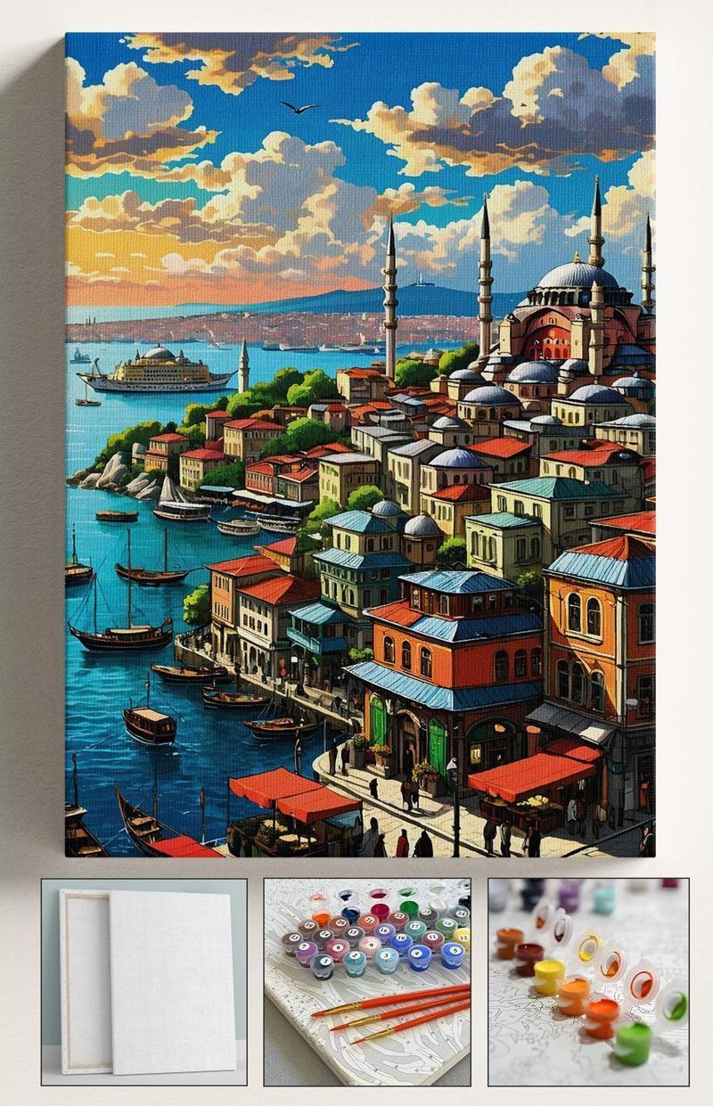 Sayılarla Boyama Hobi Seti Çerçeveli Numaralı Tuval Fırça Boya Dahil Kasnaklı Eminönü 40X50 Cm