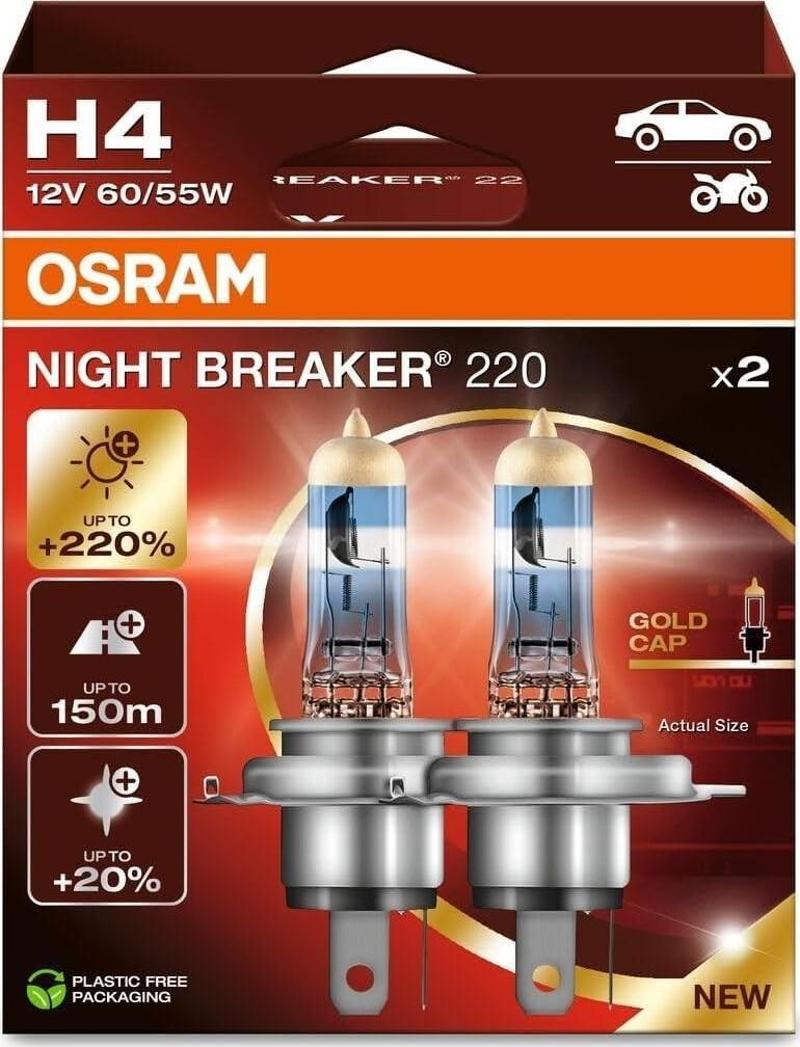 H4 Night Breaker 220 12V %220 Fazla Işık (1 Takım-2 Ad.) Oto Ampul Seti