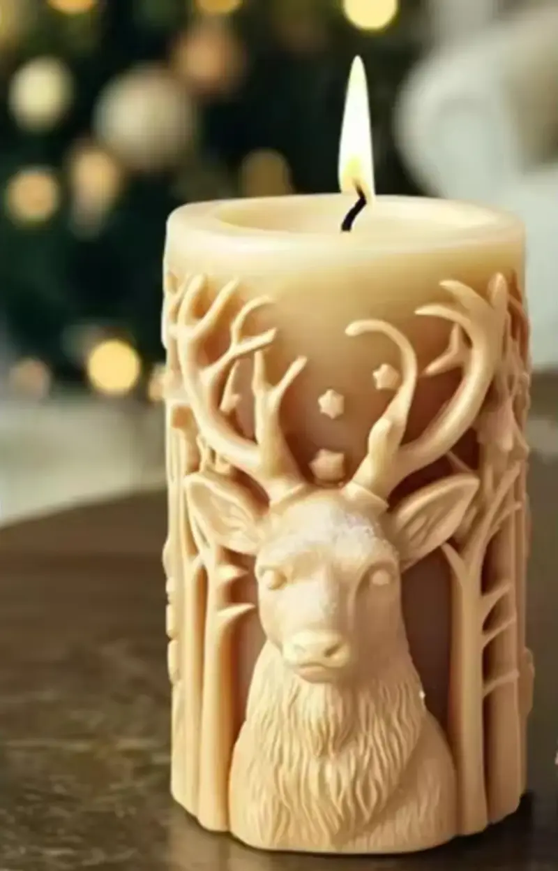 Geyikli Silindir Mum - Yılbaşı - Noel - Geyik - Mum