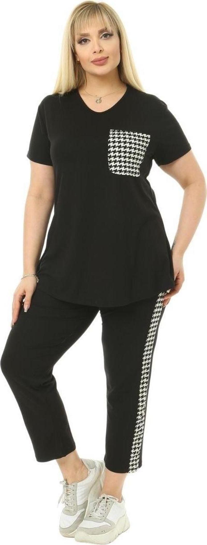 Butik Siyah Kazayağı Cep Büyük Beden Kadın Kapri Takımı